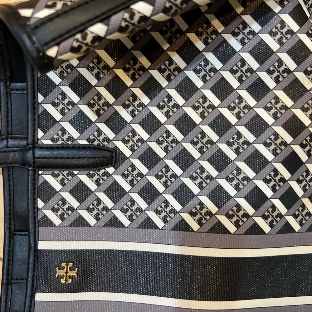 Tory Burch Black & White Geometric Logo Tote